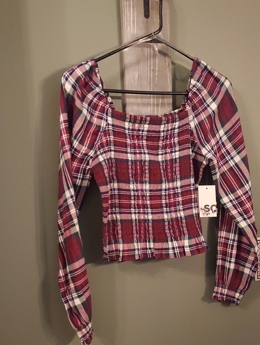 SO Burgundy Plaid Smocked Square-Neck Blouse
